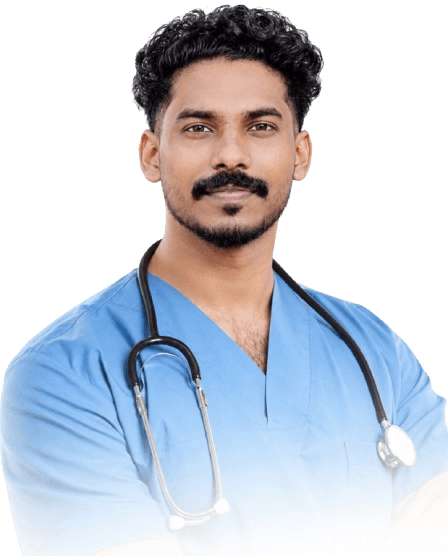 Dr. Nabeel wearing blue scrubs and a stethoscope